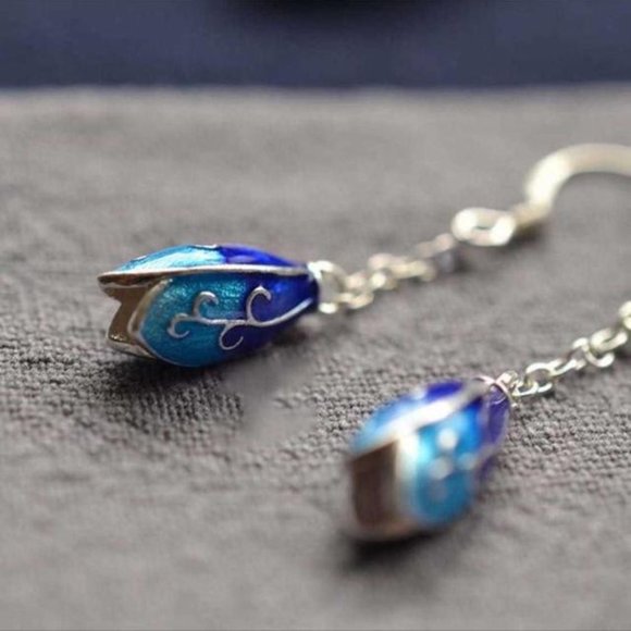 SOLD Long Dangle Botanic Cloisonne Floral Earrings - Picture 3 of 4